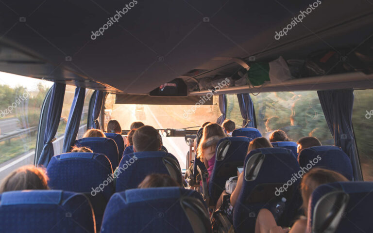 Tourist tour on the bus. People travel by bus. Salon of the grea